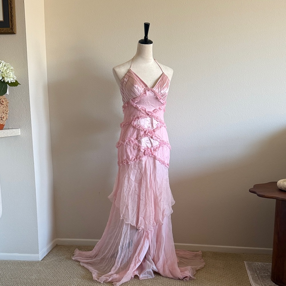 Vintage Mac Duggal Silk Baby Pink Lace Ruffle Gown
